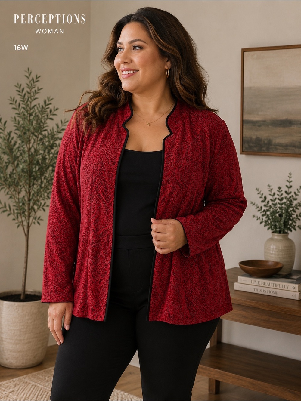 Perceptions Women's Red Paisley Open-Front Jacket with Black Trim 16W